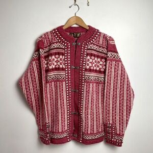 Norlender Norwegian Wool Cardigan Pink Fair Isle Pewter Clasp Sweater Nordic